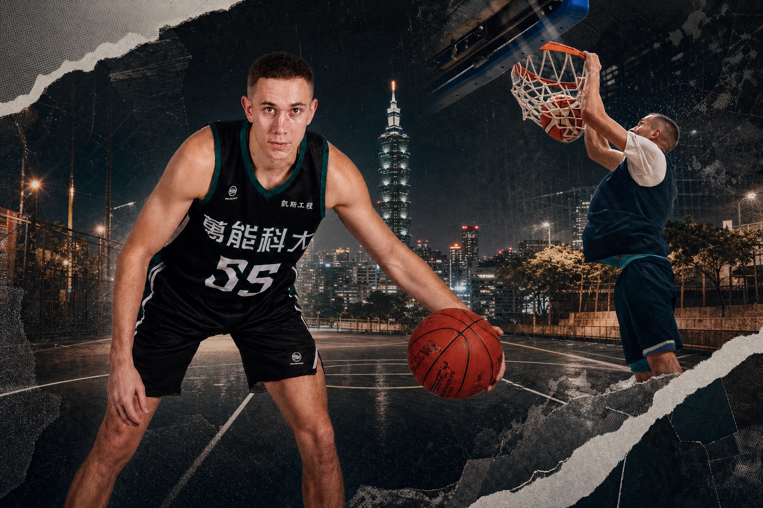 Editorial composition of Luka playing basketball in Taiwan with Taipei 101 in the background